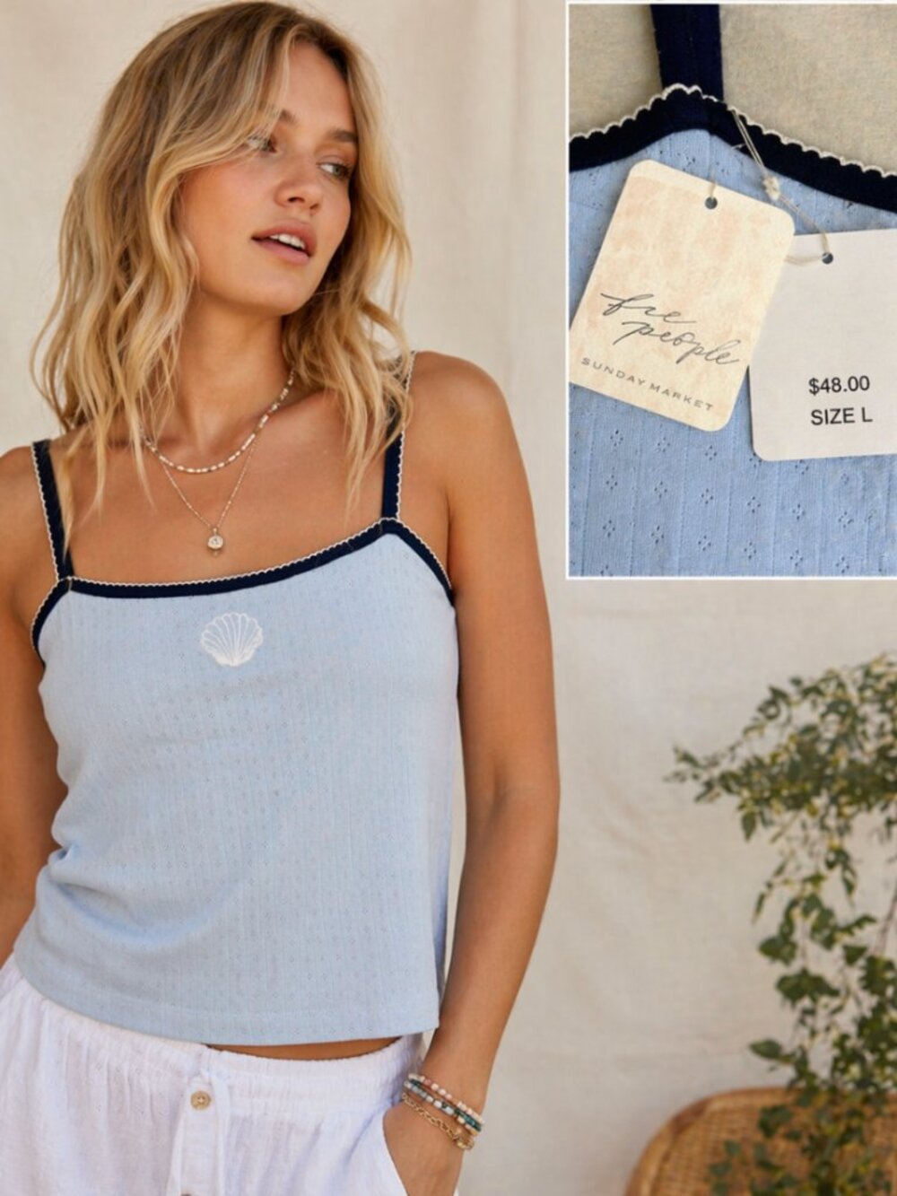Free People Size Large Tank Top Light Blue Seashell Mermaid